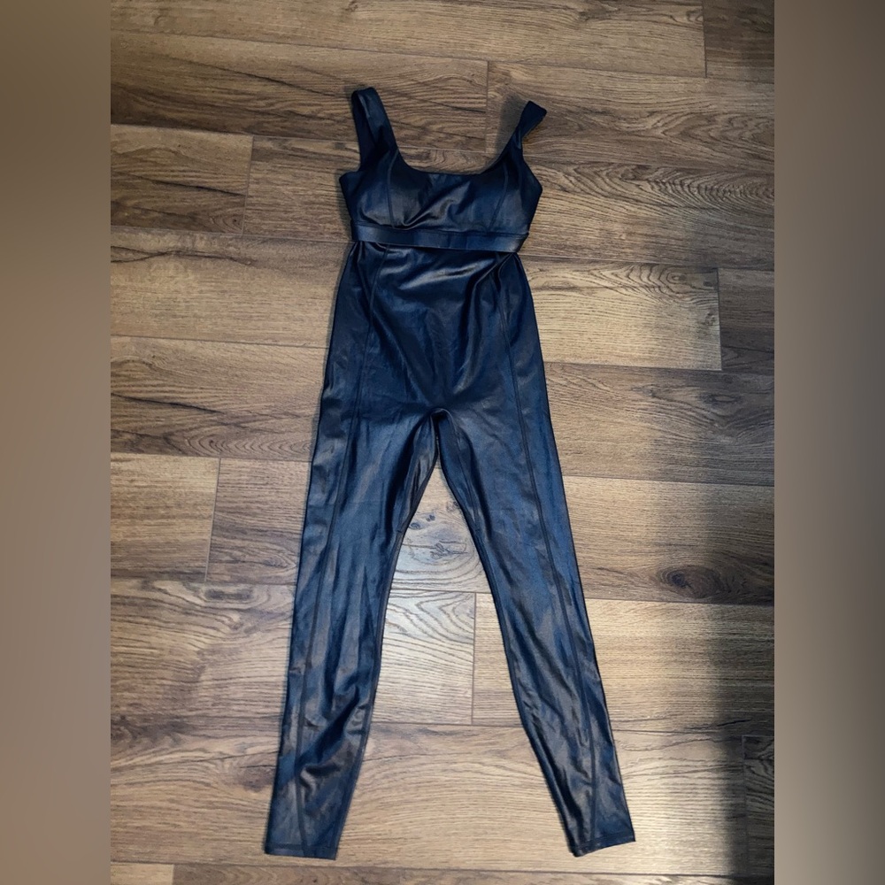 Fabletics women’s Sleek Black Faux Leather Jumpsuit new size s